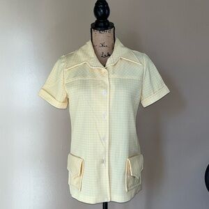 Vintage 70s Yellow Short Sleeves Checkered Button Up Top Dagger Collar
